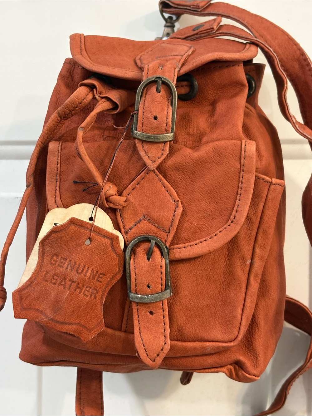 Genuine Leather Orange Womens Backpack - Classic Drawstring Buckle  9” X  6”